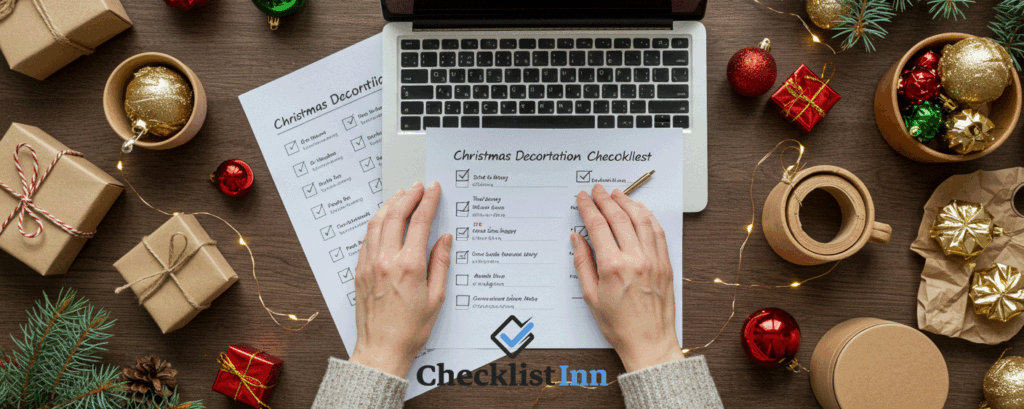 Person following step-by-step Christmas decoration checklist on a laptop and printed sheet, surrounded by festive décor items and stationery.