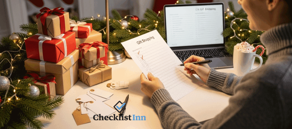 Person using a Christmas gift shopping checklist with presents and holiday décor