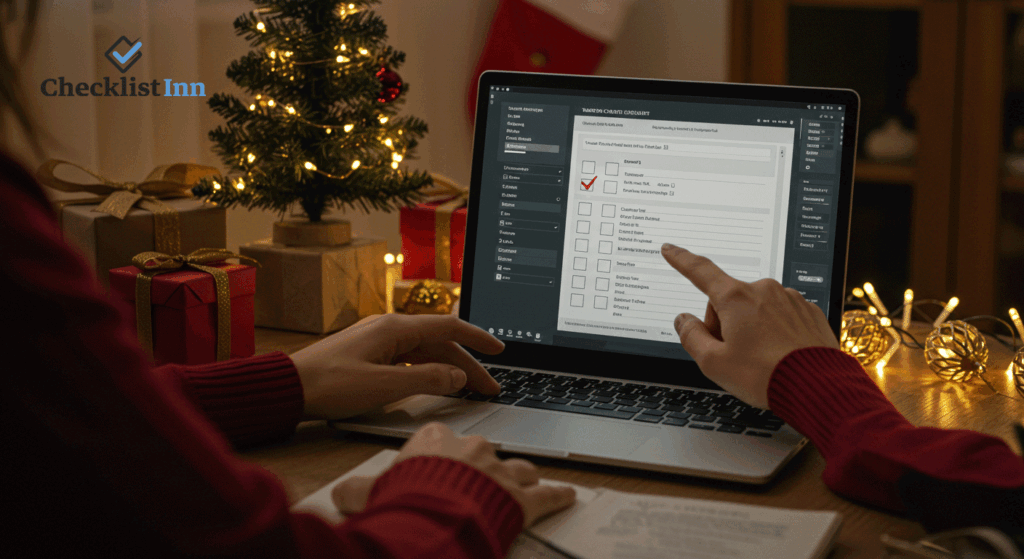 Person using a Christmas checklist template on a laptop and tablet at home, with holiday decorations around, demonstrating how to use the templates.