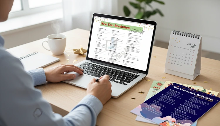 person customizing and checking tasks on new year checklist template on laptop