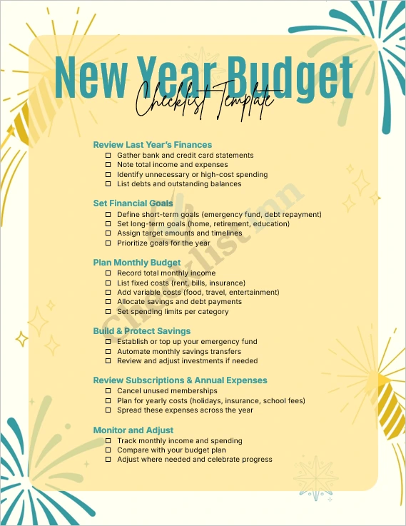 New Year Budget Checklist Template cover page showing a clean and organized financial planning design