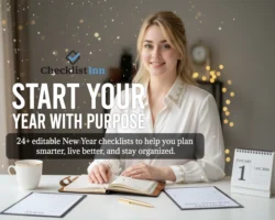 Woman planning her goals for the New Year with checklists and planner on desk — featured image for New Year Checklist Templates.
