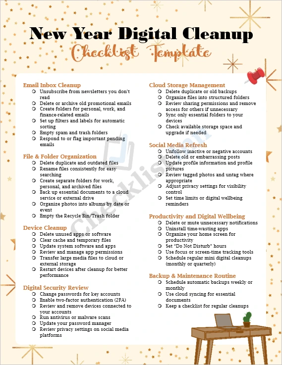 New Year Digital Cleanup Checklist cover page showing clean minimalist design with modern typography