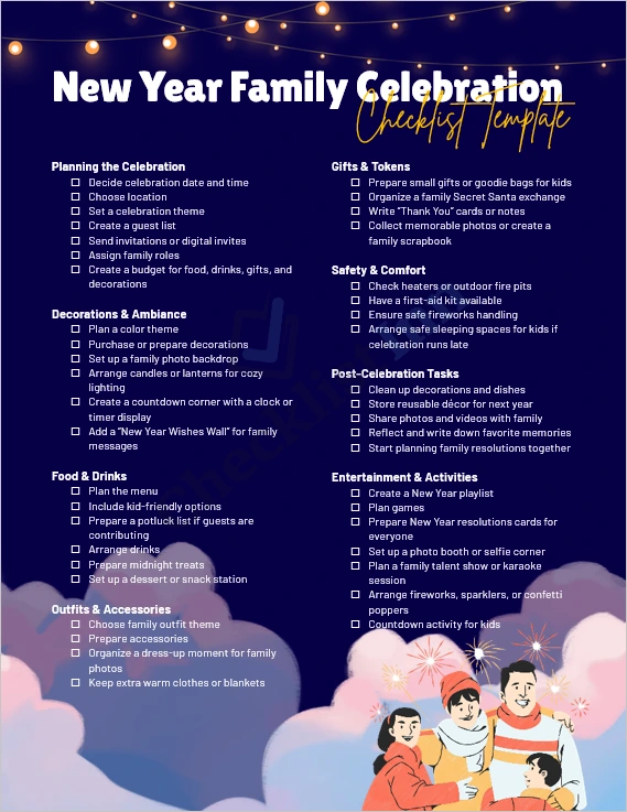 New Year Family Celebration Checklist Template cover page showing festive family planning design and decorative elements