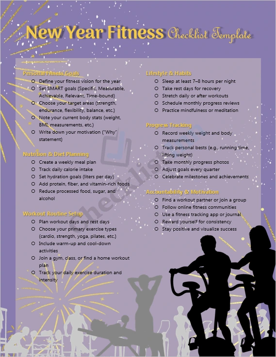 New Year Fitness Checklist cover page with modern layout and motivational design