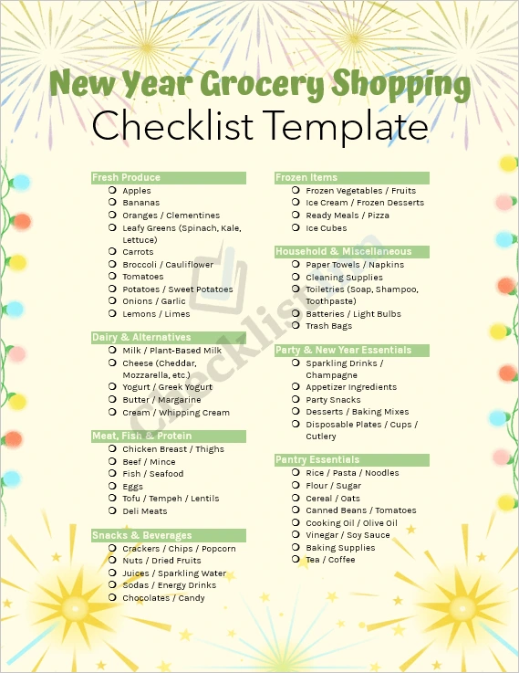 New Year grocery shopping checklist cover page with organized layout and festive design