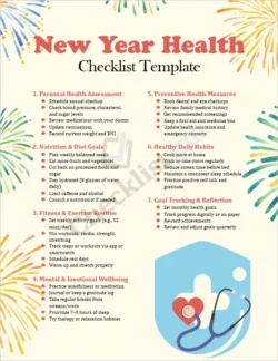 New Year Health Checklist Template cover page showing modern wellness design with checklist title and clean layout