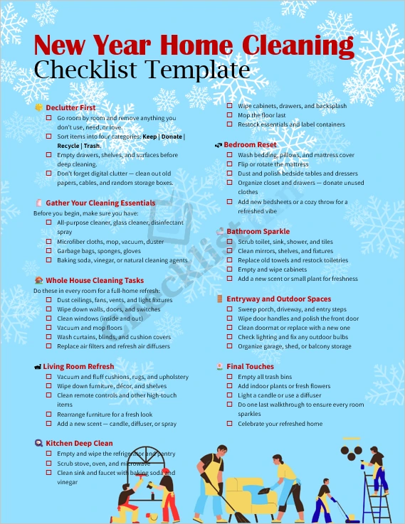 New Year Home Cleaning Checklist cover page showing a clean and organized home interior with fresh colors and minimalist layout
