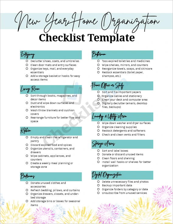 New Year Home Organization Checklist Template cover page showing modern minimalist design with cleaning and organization theme