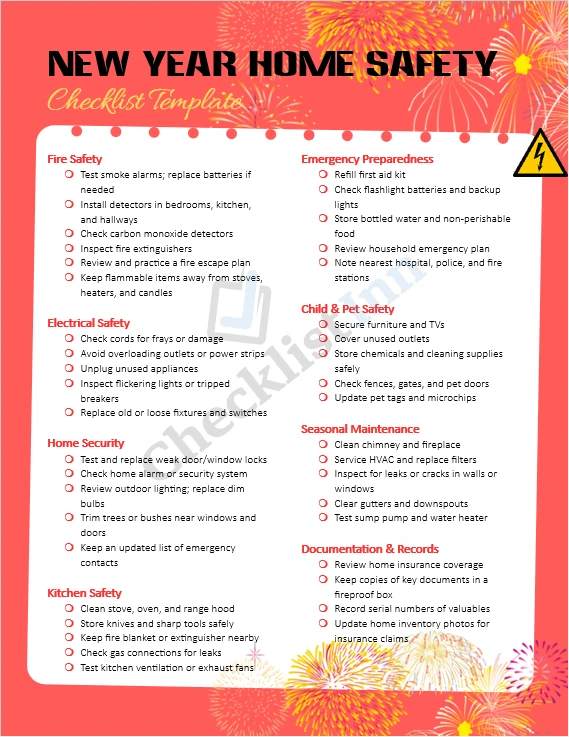New Year Home Safety Checklist cover showing safe home interior with checklist title