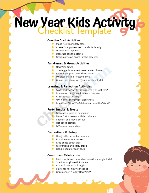 New Year Kids Activity Checklist Template cover page showing festive design with colorful kids activities and celebration theme