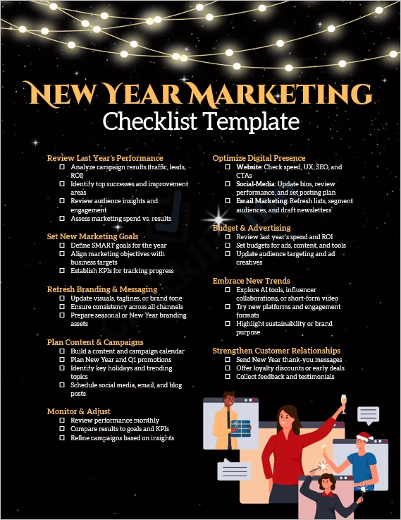 New Year Marketing Checklist Template cover page with modern business layout and title design