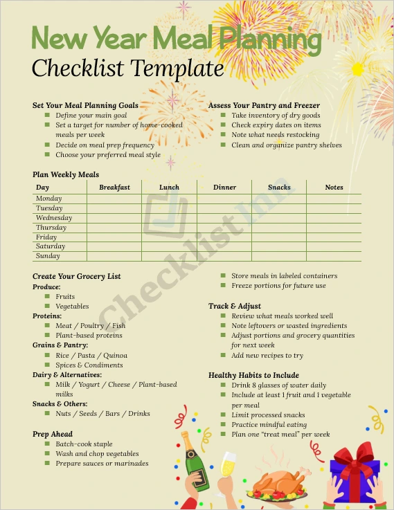 New Year Meal Planning Checklist Template cover page showing organized meal planner design with fresh food illustrations and calendar layout