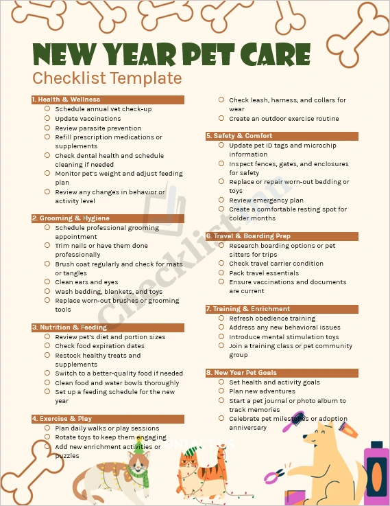 New Year Pet Care Checklist Template cover page featuring pets and organized checklist design