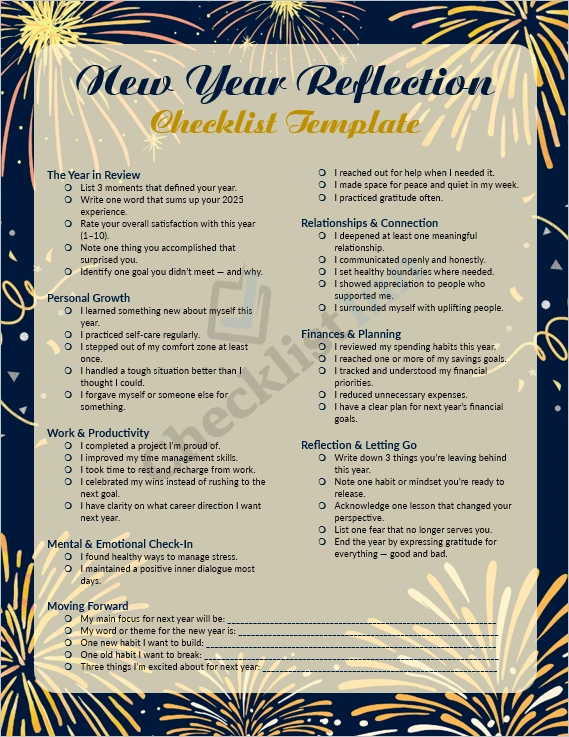 New Year Reflection Checklist Template cover page showing elegant design and motivational layout for yearly self reflection