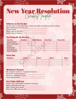 New Year Resolution Checklist Template cover page featuring goal planning layout and reflection sections