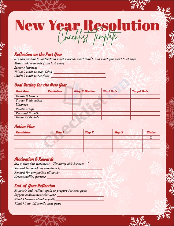 New Year Resolution Checklist Template cover page featuring goal planning layout and reflection sections