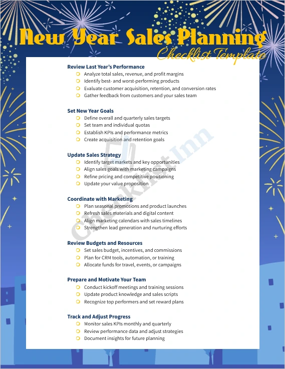 New Year Sales Planning Checklist Template cover page with calendar laptop and sales documents on desk