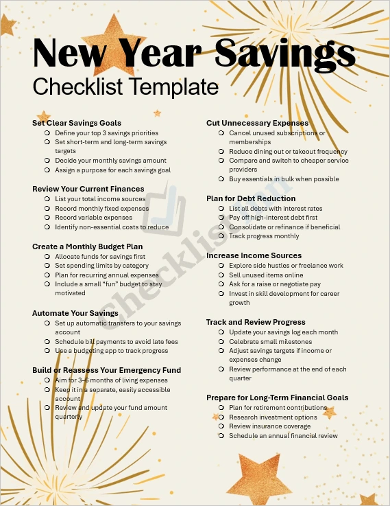 New Year Savings Checklist Template cover page showing a modern financial planning layout with goal tracking and budgeting sections