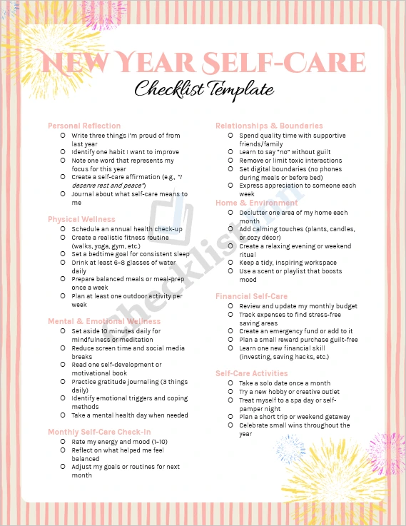 New Year Self Care Checklist Template cover page showing modern clean layout with wellness theme