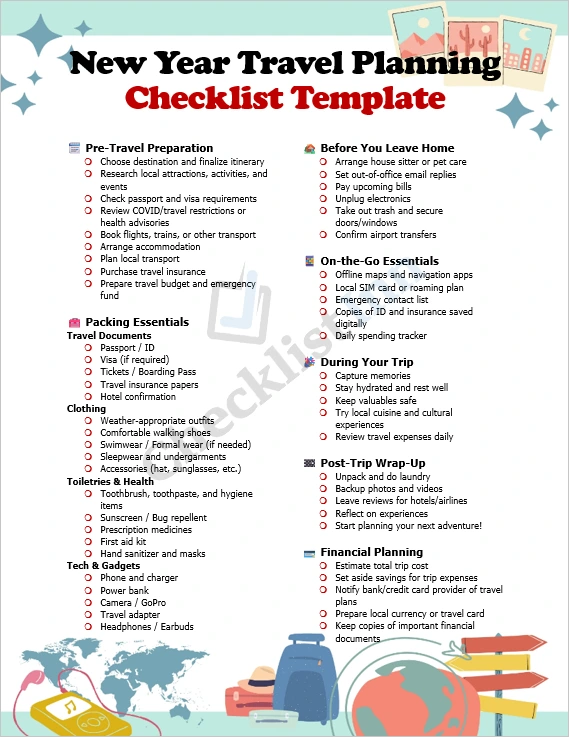 New Year Travel Planning Checklist cover page showing organized travel essentials and checklist layout