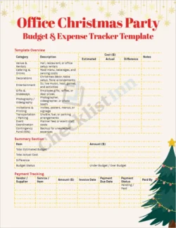 Office Christmas Party Budget and Expense Tracker cover page showing festive design and title