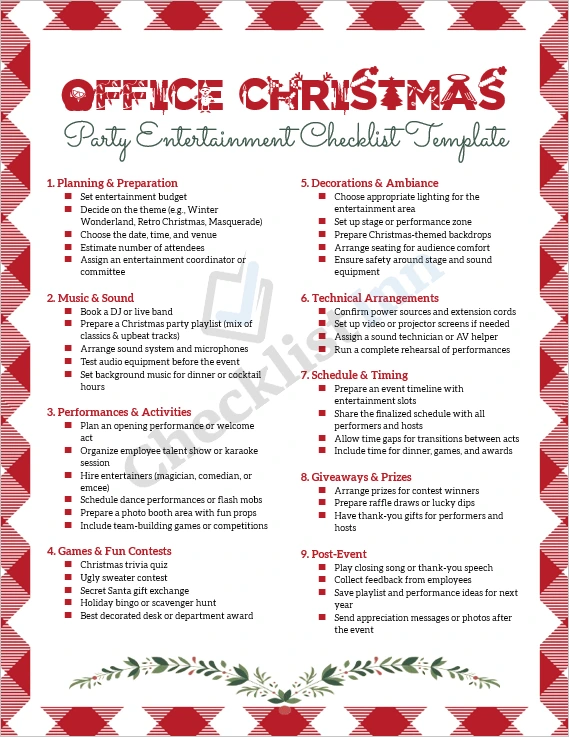 Office Christmas Party Entertainment Checklist Template cover page showing professional holiday themed layout with festive decorations and planning details