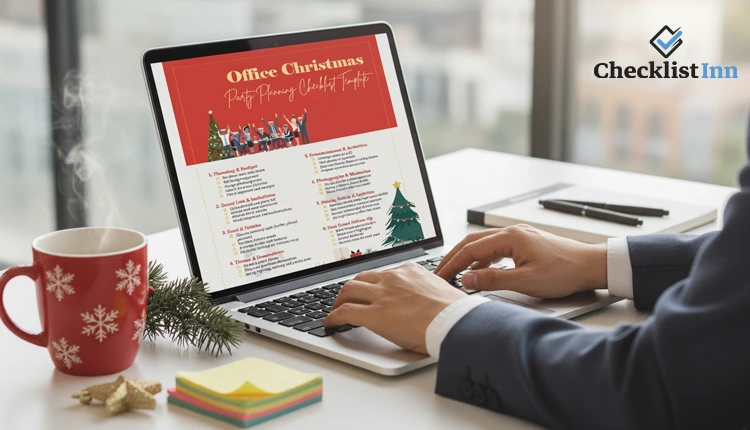 Office scene showing employee editing a checklist on laptop with festive decorations symbolizing Christmas party planning