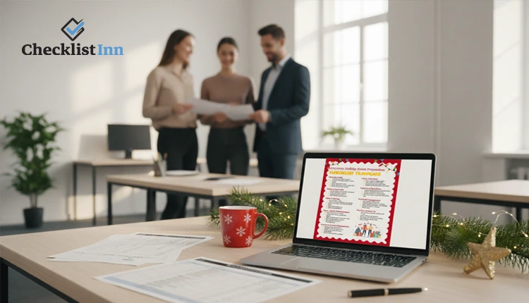 Office scene with employees collaborating at a decorated desk symbolizing organized and successful Christmas party planning