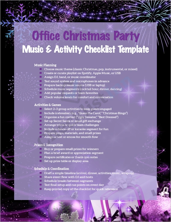 Office Christmas Party Music and Activity Checklist Template Cover Page featuring festive layout and event planning theme