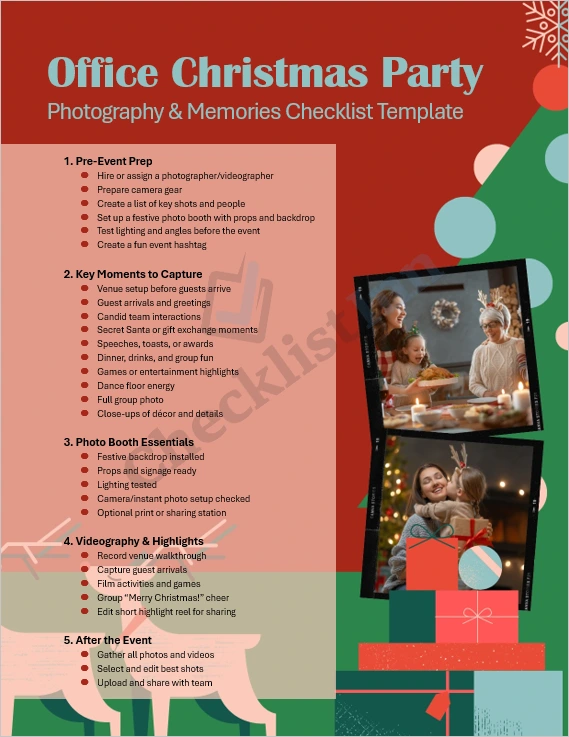 Office Christmas Party Photography and Memories Checklist cover page showing a festive design with photo icons and holiday decorations