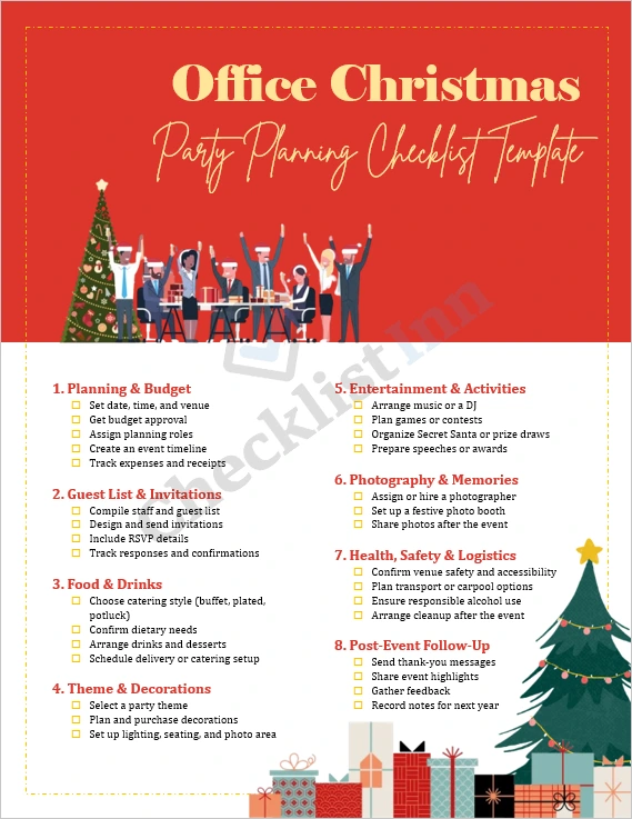 Office Christmas Party Planning Checklist cover page showing elegant festive design and professional layout