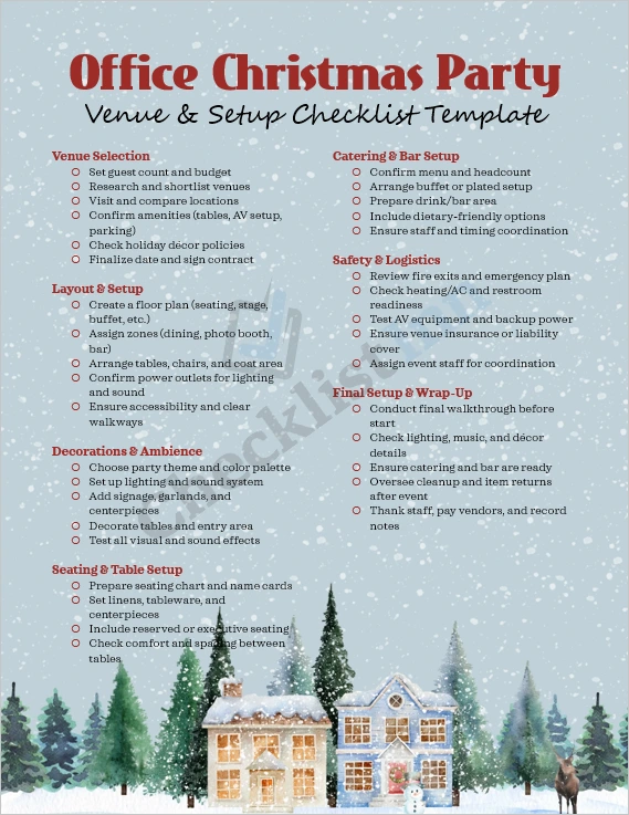Office Christmas Party Venue and Setup Checklist Template cover page showing professional holiday event planning design