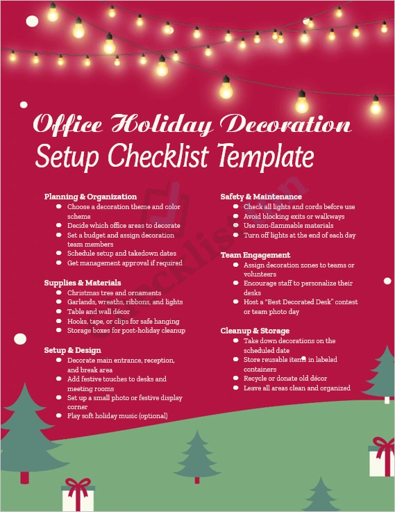 Office Holiday Decoration Setup Checklist Template cover page showing festive office theme and organized layout