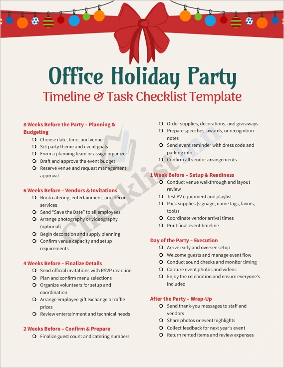 Office holiday party timeline and task checklist cover page showing professional holiday-themed design