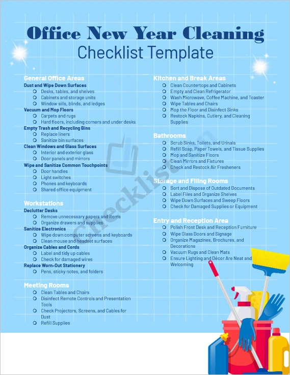 Office New Year Cleaning Checklist Template cover page showing a clean and organized workspace with office cleaning supplies and fresh start theme