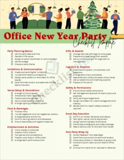 Office New Year Party Checklist Template cover page showing festive design and organized layout