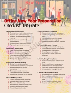 Office New Year Preparation Checklist Template cover page showing a professional business workspace setup for the new year