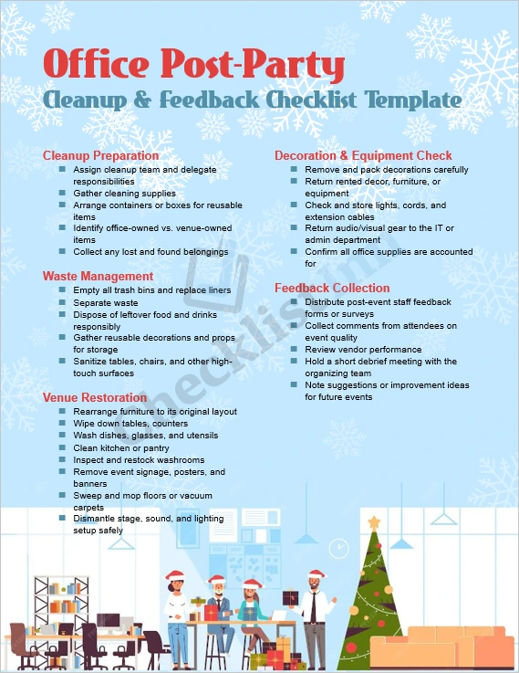 Office post party cleanup and feedback checklist cover page template showing title design and event theme