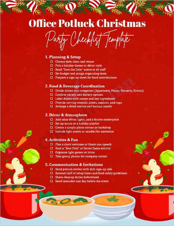 Office Potluck Christmas Party Checklist Template cover page showing a festive professional layout with elegant holiday design elements