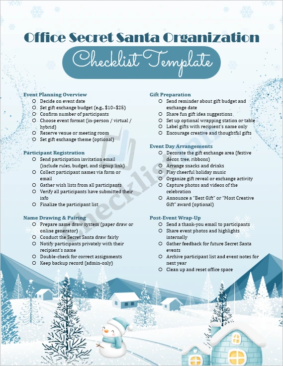 Office Secret Santa Organization Checklist Template Cover Page showing festive design and holiday theme