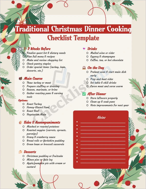 Traditional Christmas Dinner Cooking Checklist Cover Page