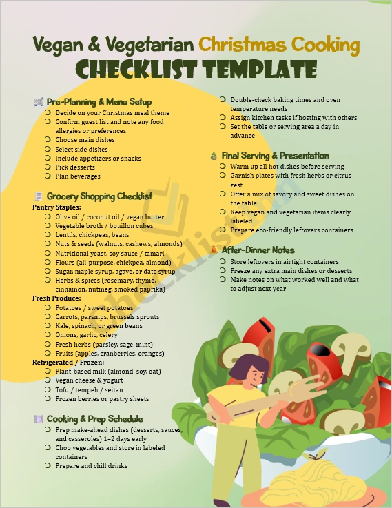 Vegan and vegetarian Christmas cooking checklist cover page with festive design and holiday meal planning title