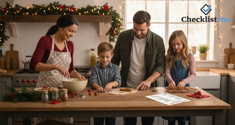 Happy family preparing Christmas dinner using a cooking and baking checklist in the kitchen