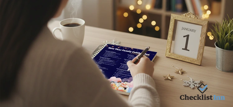 person writing new year goals and checklist in notebook with festive decorations nearby