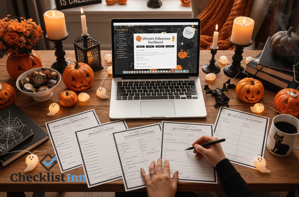 Person organizing Halloween checklist templates on a laptop and desk decorated with pumpkins and bats, representing a fun and organized Halloween planning setup.