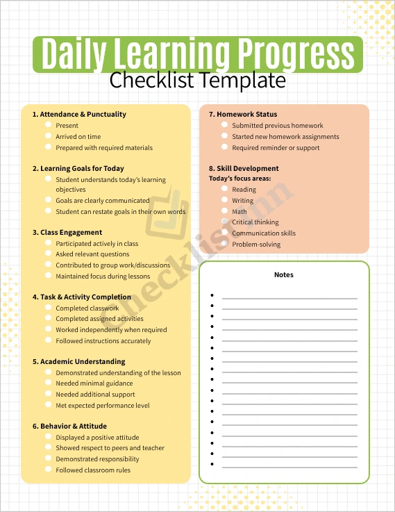 Daily learning progress checklist template cover page for educators