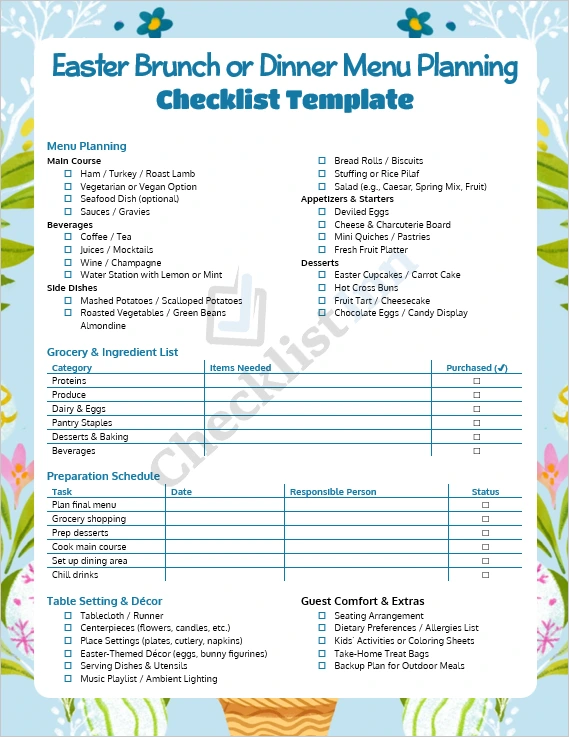 Easter brunch or dinner menu planning checklist cover page showing elegant Easter themed design with pastel colors and festive decorations
