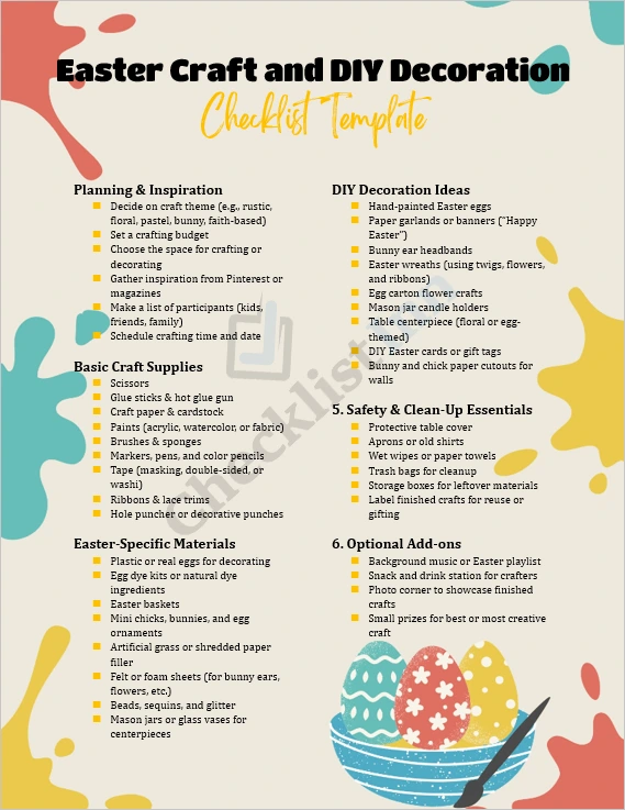 Easter craft and DIY decoration checklist cover page with pastel colors and festive design