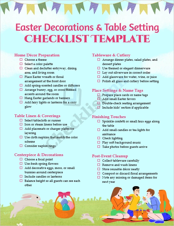 Easter decorations and table setting checklist cover page featuring pastel spring theme and elegant dining setup